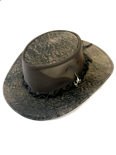 brown leather aussie bush hat with mesh