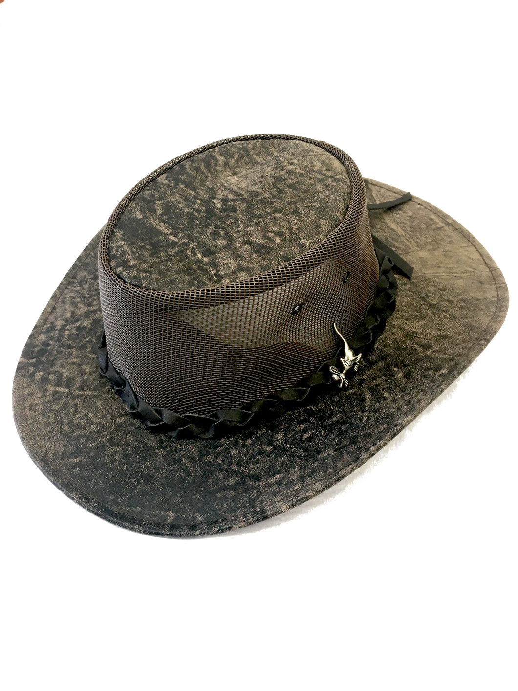 brown leather aussie bush hat with mesh