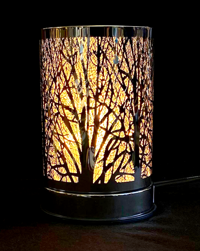 small round silver touch lamp with silver trees