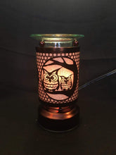 Load image into Gallery viewer, small bronze touch lamp with two owls on a branch and wax melter
